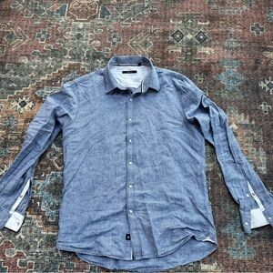 Men's Blue Button-Up Shirt; pearl snap-buttons; worn